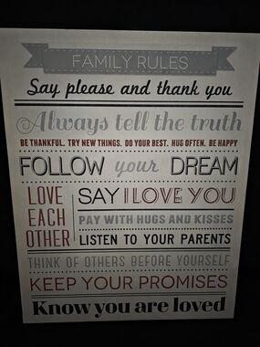 Family Rules Wall Art Sign - White, Black, Red